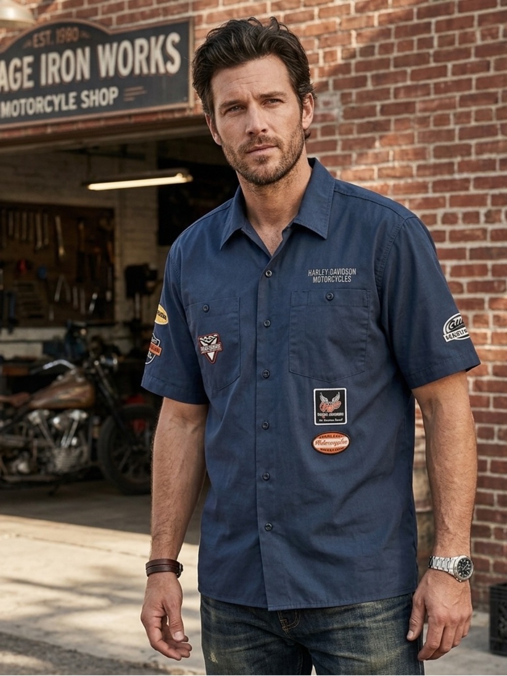 Harley-Davidson Garage Shop Patch Snap Button Down Short Sleeve Shirt